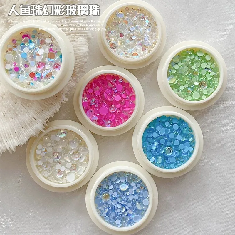 

6Jars Mermaid Round Glass Crystal Bead Nail Rhinestone Aurora Symphony 3D Flatback Stone Nail Art Microbeads Manicure Decoration