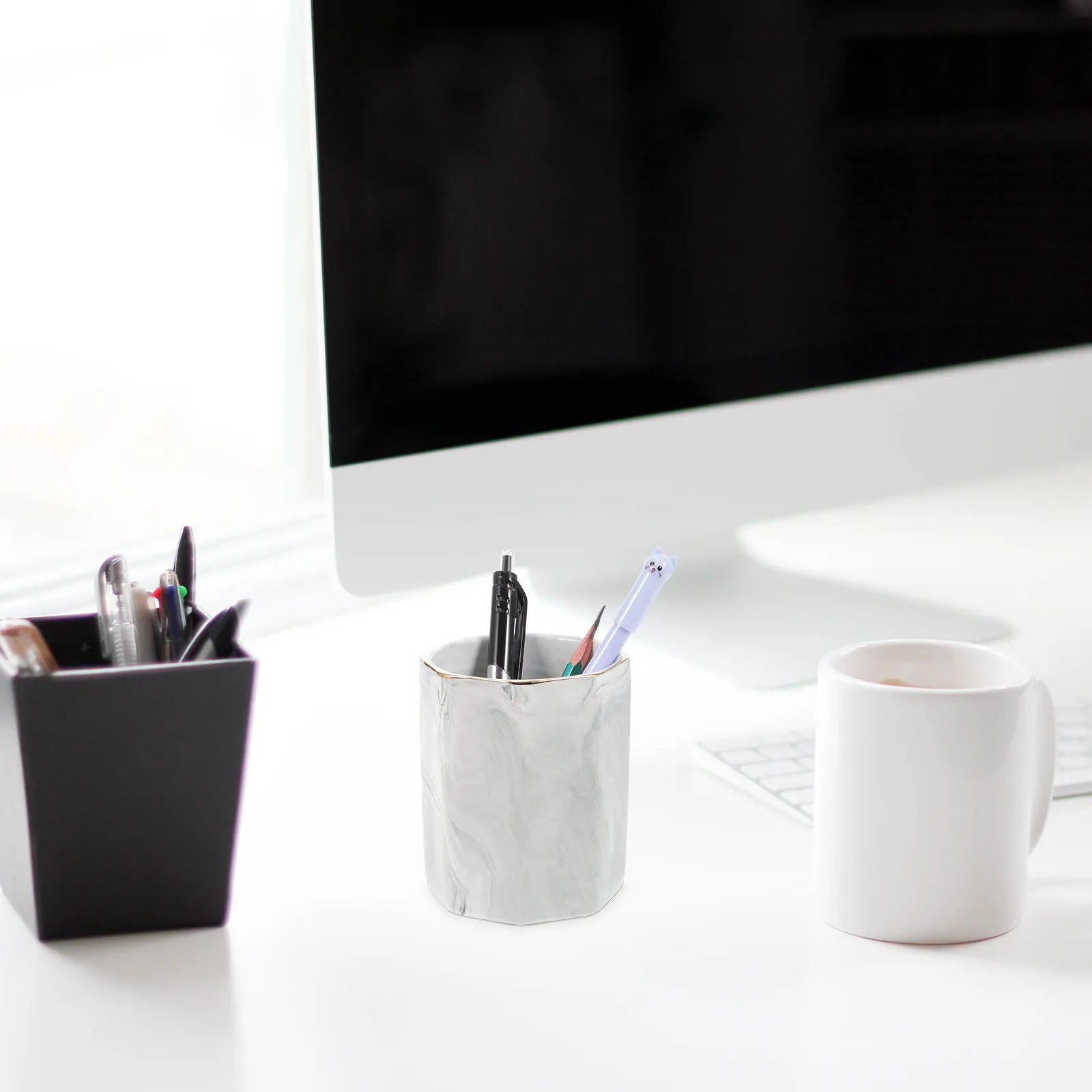 Marble Pencil Holder Geometric Hexagonal Smooth Surface Multi-Use Desktop Organizer Pen Cup Makeup Brush Holder Pencil Cup