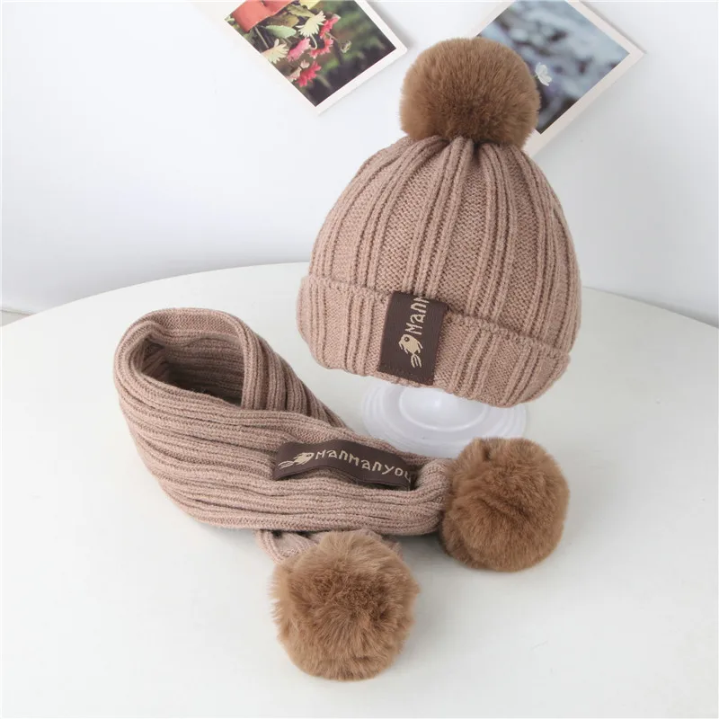 IYEAL Winter Boys And Girls Lovely Knitted Woollen Hats Children\'s Hat Scarf 2-Piece Set Baby Wool Hat Scarf Warm Thick Hat