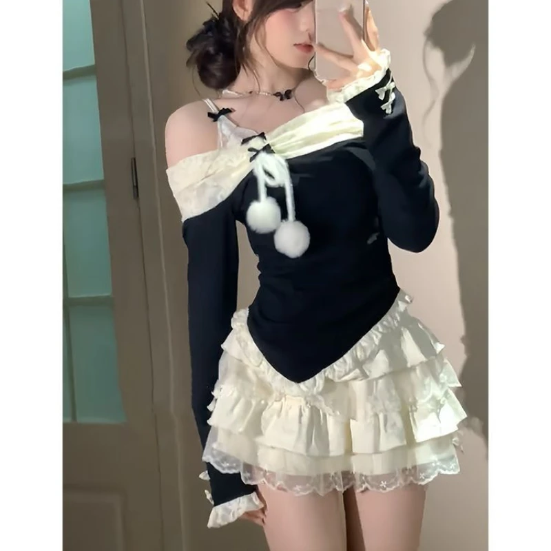 

Korean Style Elegant 2 Piece Set Women Sexy O-Neck Off Shoulder Lace Bow Top Cake Mini Skirts Suit Female Fashion Lolita Outfitn