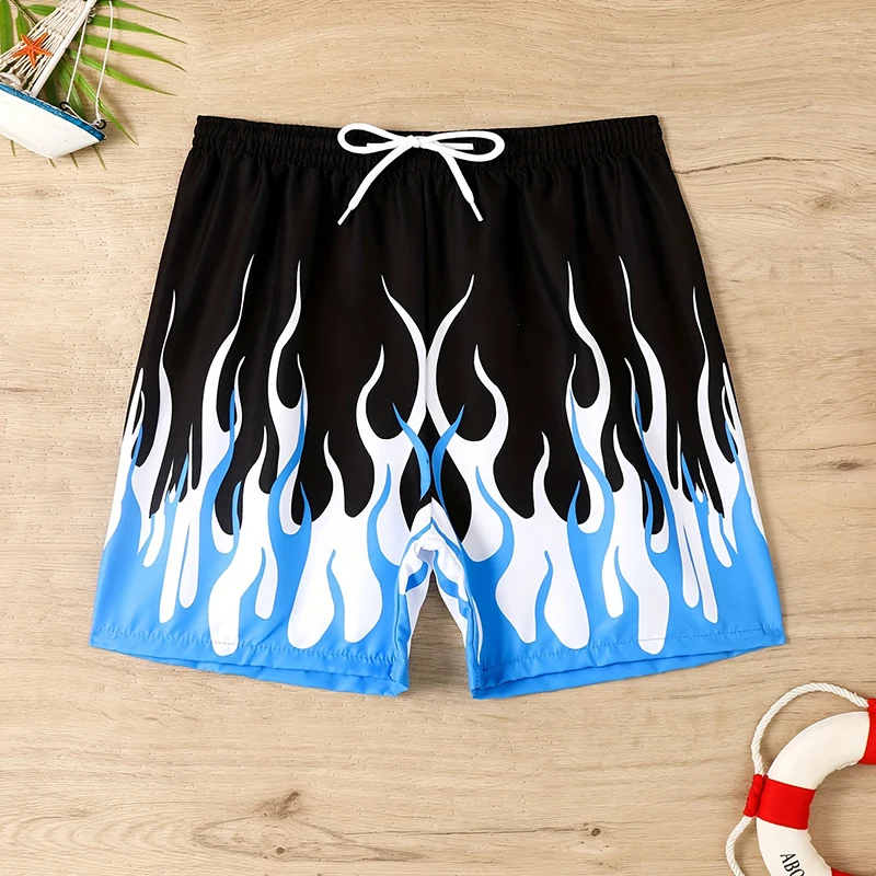 Boy\'s Blue Fire Pattern Swim Trunks Elastic Waist Drawstring Beach Shorts For Boy Casual Short Pants Summer Clothes For Kids