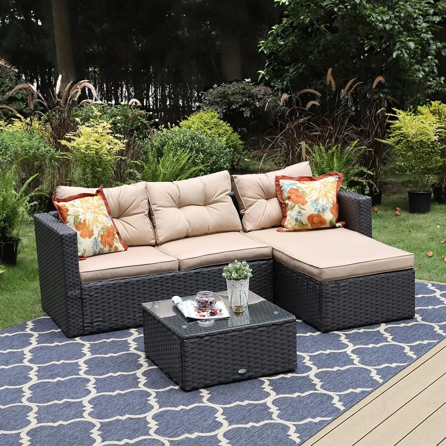 Patio Sectional Clearance Manual Weaving Wicker Rattan Small L-Shaped Outdoor Furniture Sofa Set with Upgrade Rattan (3 Piece）
