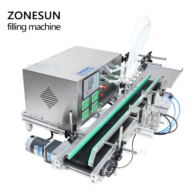 ZONESUN Full Automatic Desktop Liquid Filling Machine With Conveyor Glass Plastic Bottle Perfume Juice Milk Water Filler
