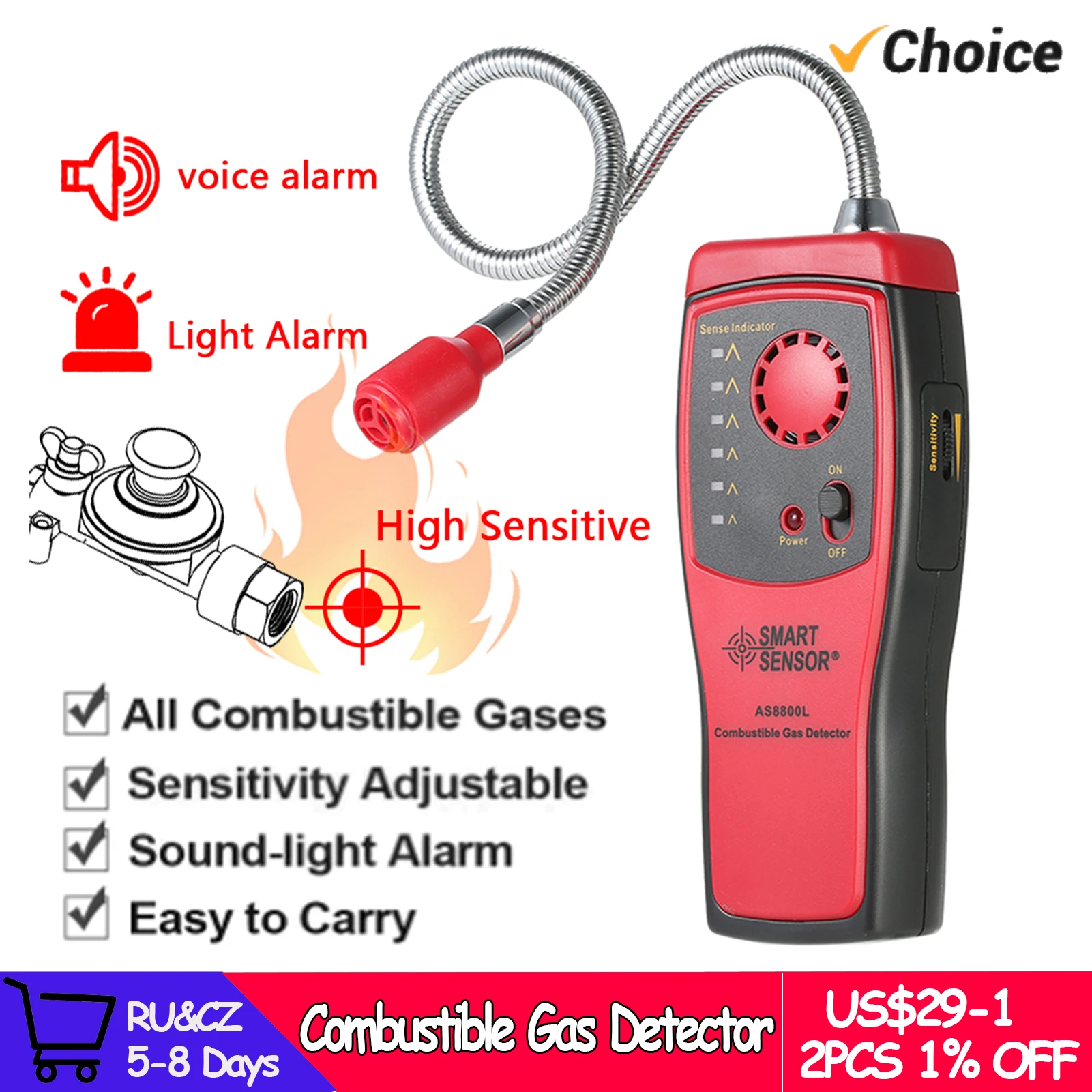 SMART SENSOR Handheld Combustible Gas Detector Mini Automotive Gas Leakage Location Determine Tester with Sound and Light Alarm