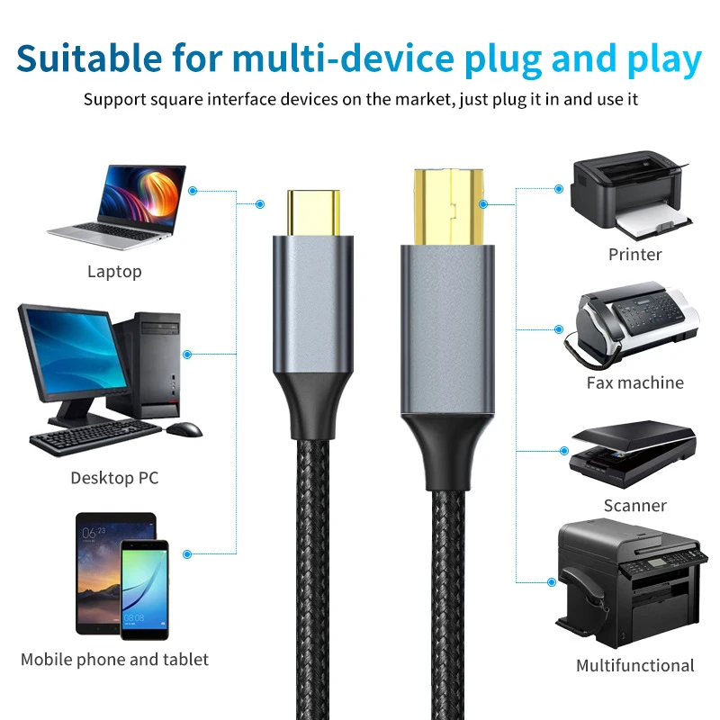 USB C TO USB B สายเครื่องพิมพ์2.0 B สายอวัยวะอิเล็กทรอนิกส์ประเภท C USB B สำหรับคอมพิวเตอร์แล็ปท็อปโทรศัพท์ไปยังเครื่องสแกนเนอร์อเนกประสงค์