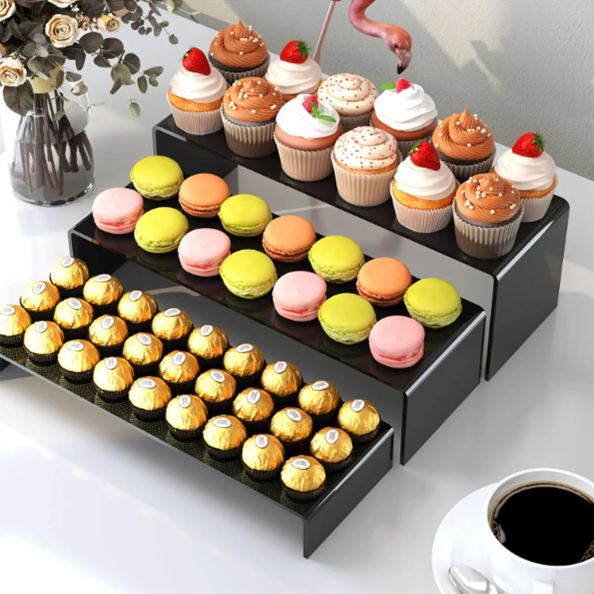 Black Acrylic Display Risers,Acrylic Shelf Organizer Display Stand,Conutertop Desktop Stands for Decoration and Organizer