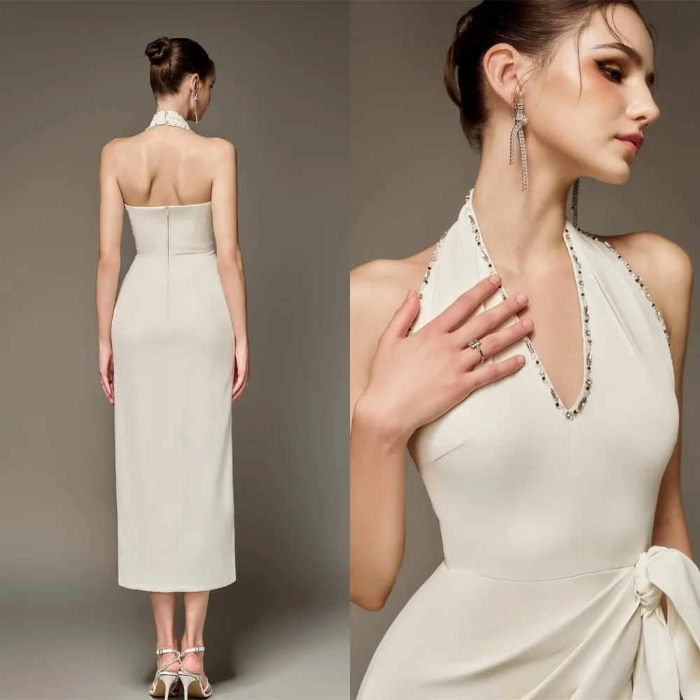 

Customized Modern Jersey Evening Dress Exquisite Halter Sleeveless Homecoming Dresses Luxury Ruched Special Occasion Gowns
