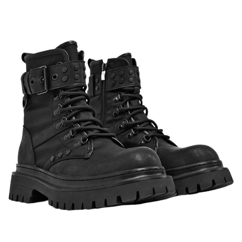 

2025 Autumn Early Winter Shoes Mens Motorcycle Boots Brand Male Ankle Boots Pure Black Thick Sole Non-slip Cool Style D585