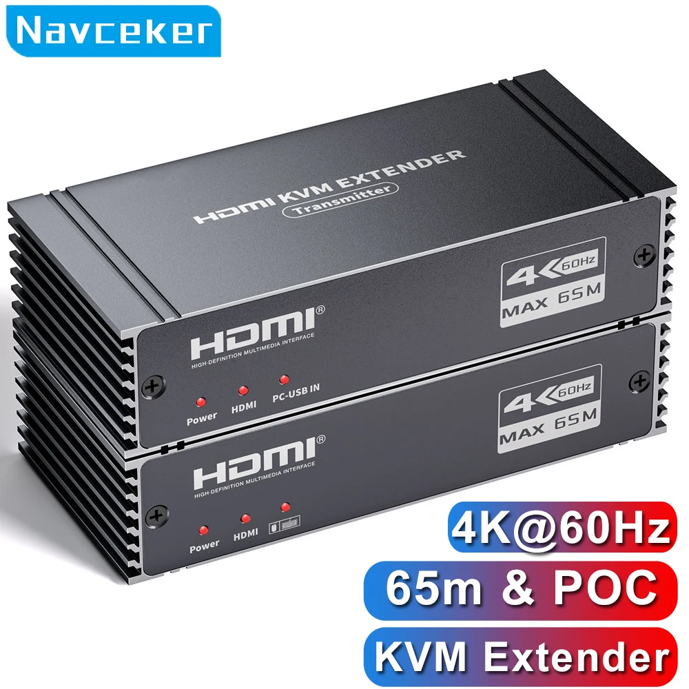 Navceker 4K 60Hz HDMI KVM Extender 75 Meter POC HDMI to RJ45 Extender over CAT6 Ethernet  Extensor Cable for Mouse Keyboard PC