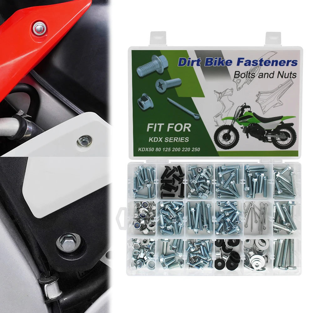 

For KAWASAKI KDX50 KDX80 KDX125 KDX200 KDX220 KDX250 250 PCS Dirt Bike Body Bolt Kit Complete Fairing Screws Side Covering Bolts