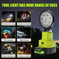 New Car LED Alarm Work Light For Ryobi 18V Lithium Battery P107 P108 Flashlight Searchlight Torch Spotlight Camping Lamp