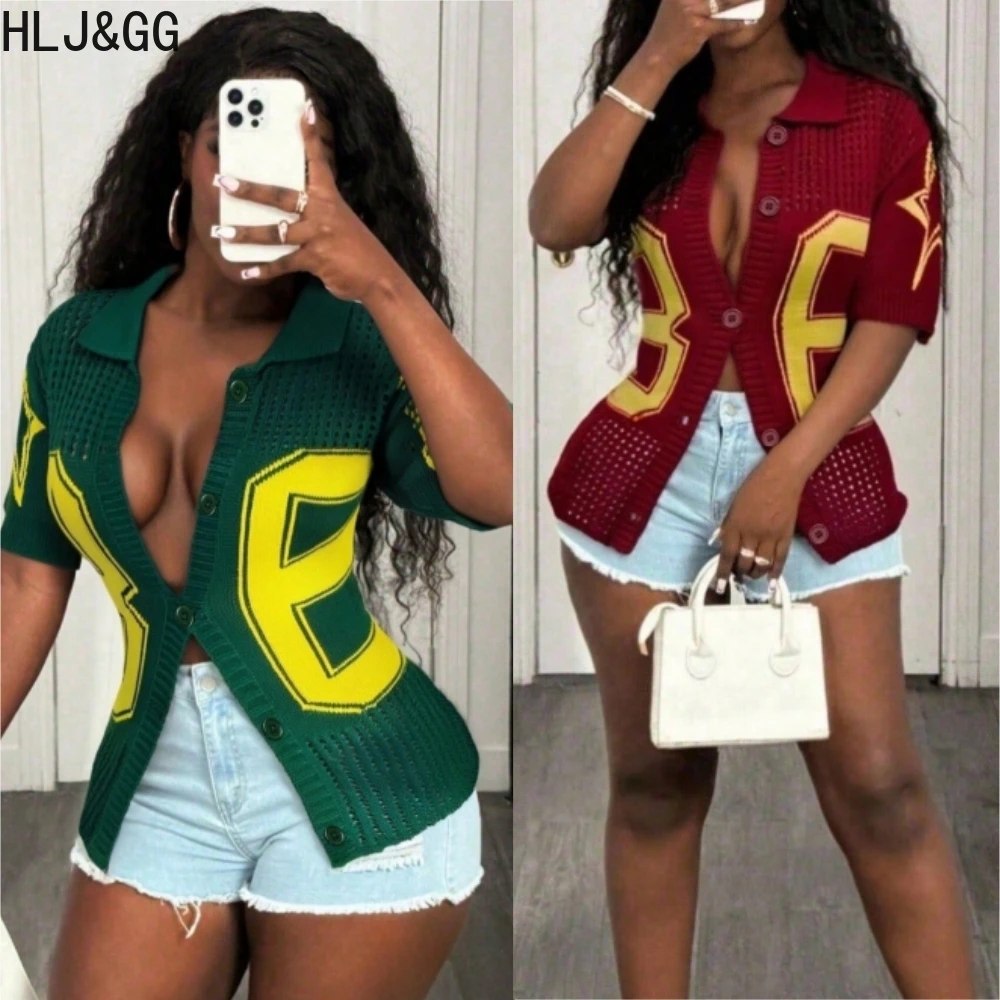 

HLJ&GG Autumn New Hollow Out Knitting Slim Tops Women V Neck Button Short Sleeve Shirts Y2K Trend Cardigan Top Streetwear 2025