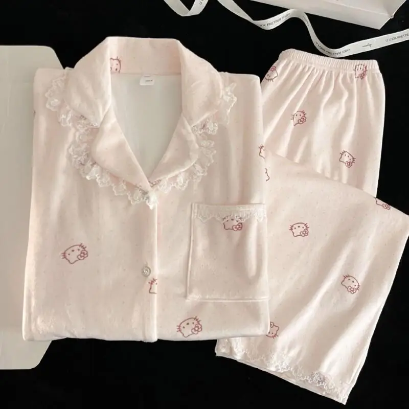 

Комплект домашней одежды Sanrio Hello Kitty: утепленный костюм с длинными рукавами для женщин, новинка осени-зимы, милый весенний комплект для дома и сна (пижама и брюки)