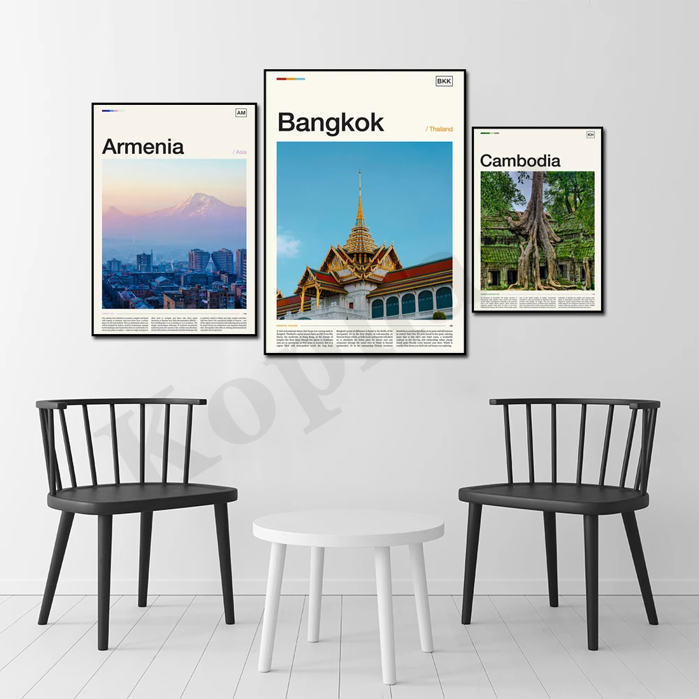 الفلبين كيوتو الهند تايبيه كمبوديا بانكوك بكين أرمينيا. مشهد السفر في المدينة. ديكور جدران المنزل ملصق فني