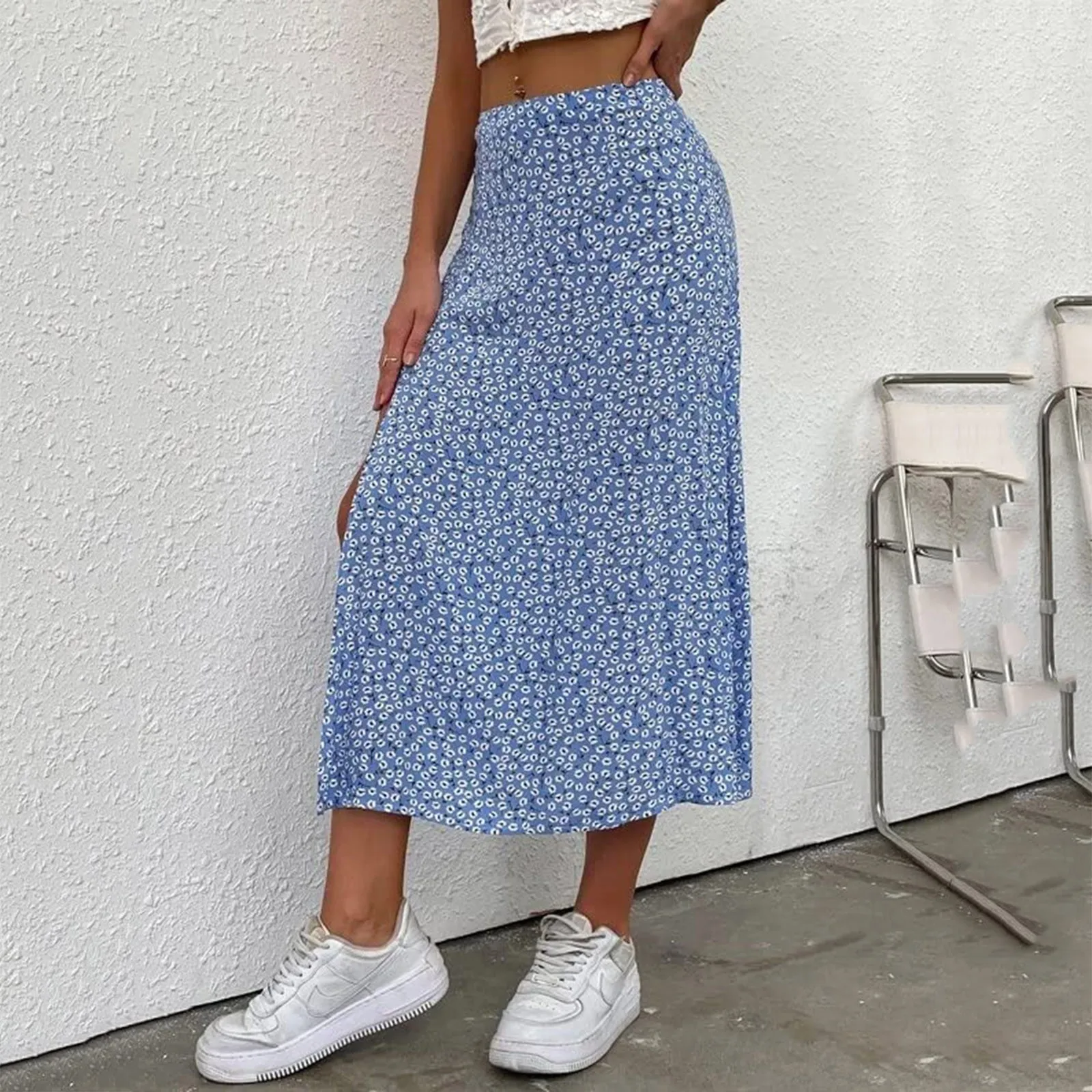 Stylish Women Casual Skirt Soft Women Beach Skirt High Split WomenswearStreetwear Sexy Print Ladies Beach Skirt