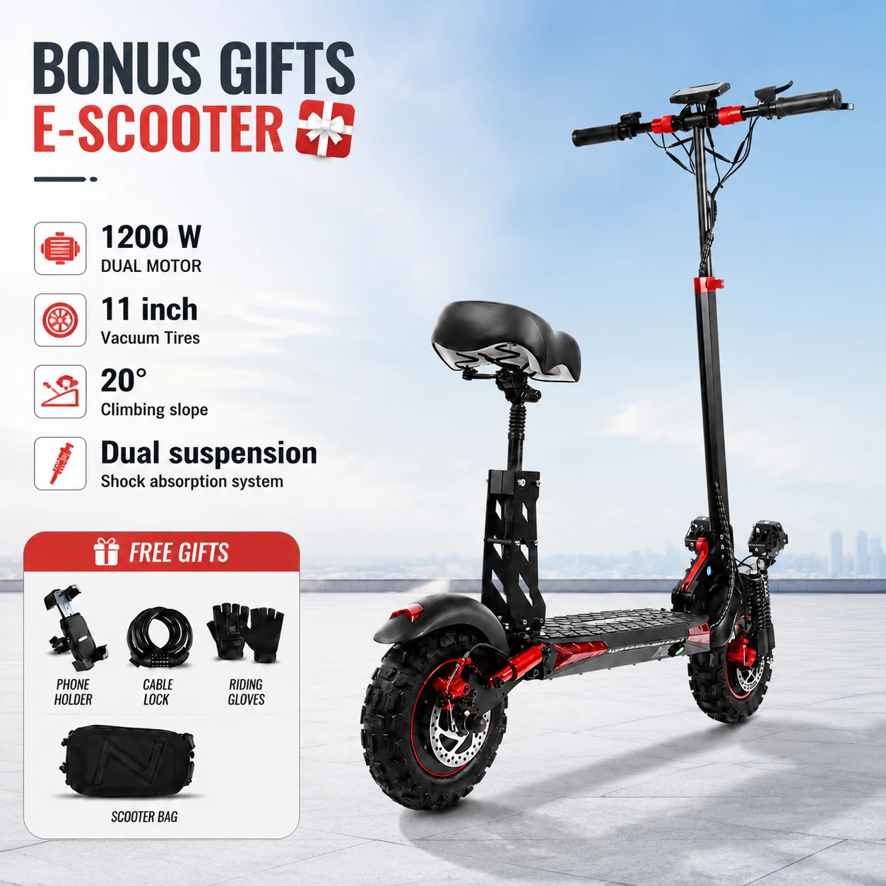 Freeboy 1200W Adult Folding E-Scooter with Detachable Seat, 11-Inch Tubeless Wheels, 28-Mile Range, 3 Riding Modes, Dual Shock Absorbers, Electric Scooter for Daily Riding