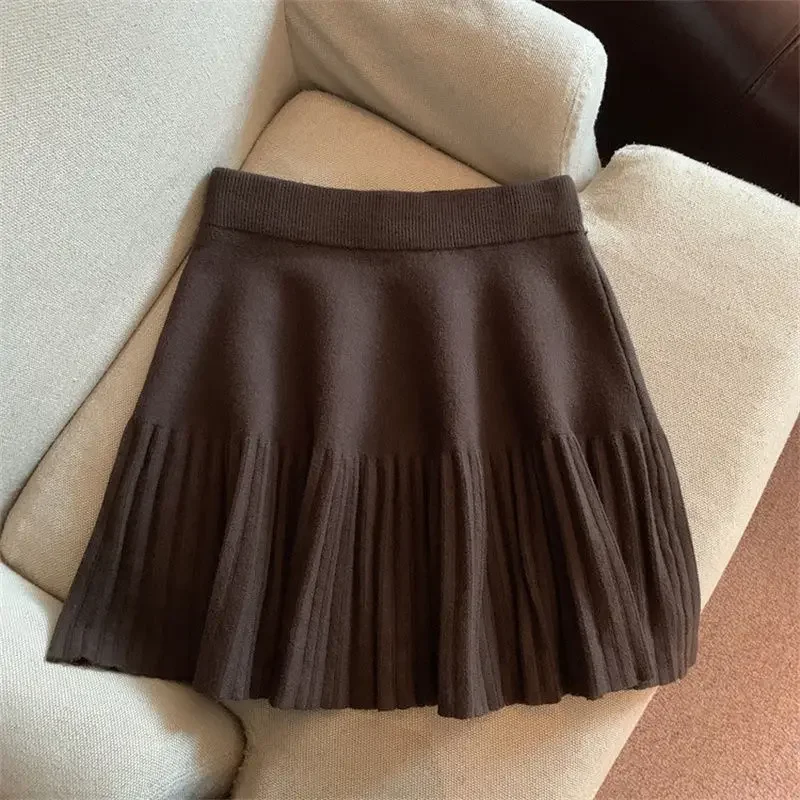 Young Ladies Korean Sweet Knitted Pleated Mini Skirt Elastic High Waist Solid A‑Line Short Skirt Casual Street Bottom Outfit
