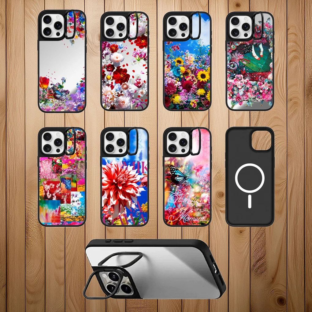 

Flowers Painting Camera Stand Mirror Surface Black Border Magnetic Phone Case Cover for IPhone 16 ~ 14 Pro Max Case