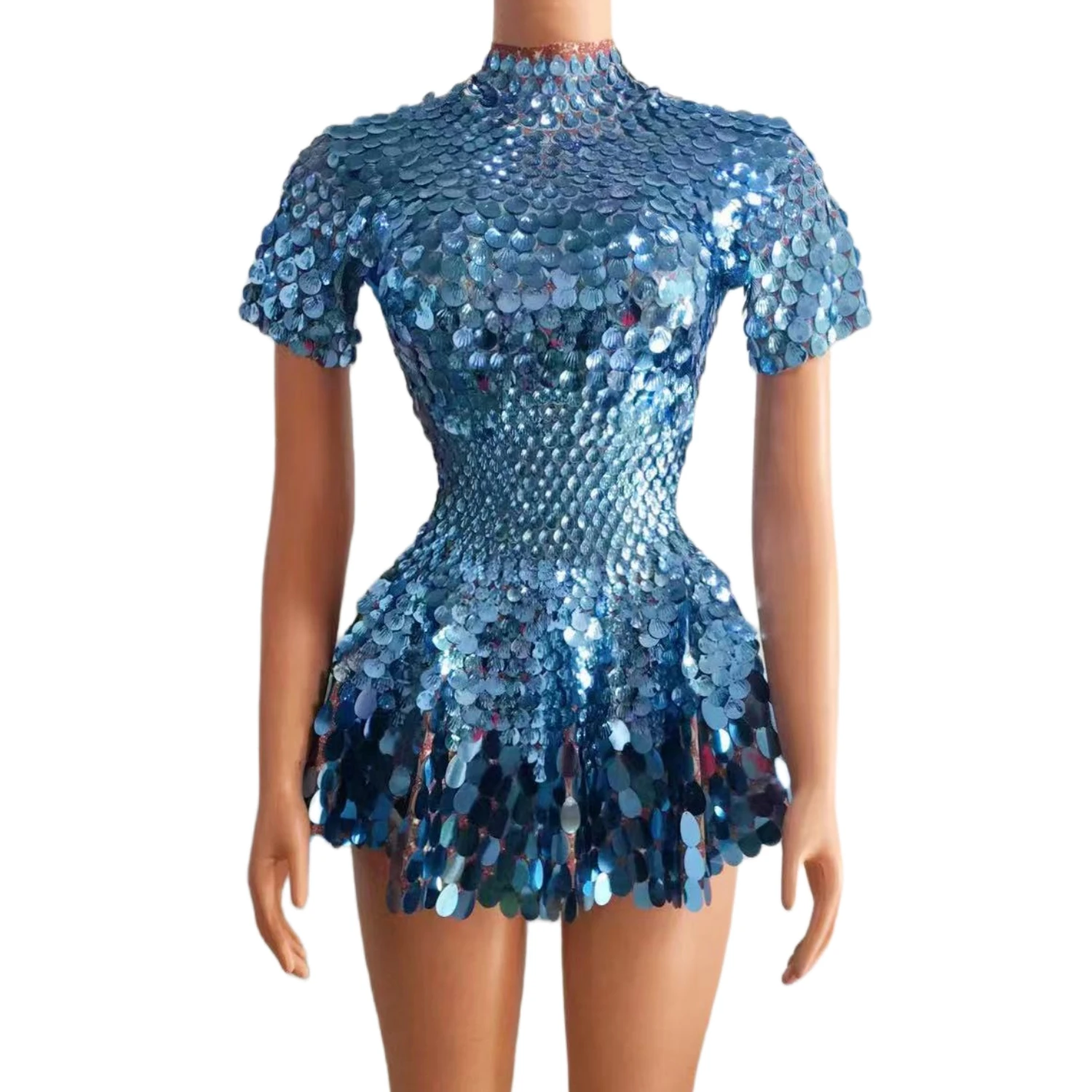 

Stage Women Commercial Show Night Club Sexy Performance Clothes Gorgeous Dress Scale Tight Sequin Mirror Sleeveless Short Skirt