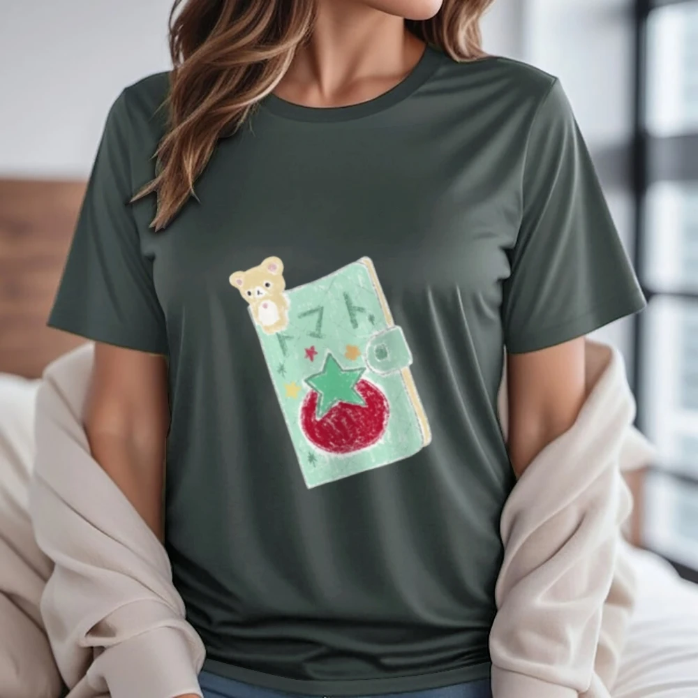 Trendy American Girls' White Cotton Tee Loose Fit Cute Bear Notebook Print Casual Vibe Fun Trend Sweet Look