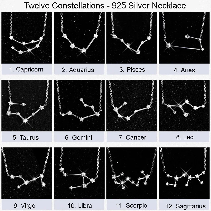 925 Sterling Plated Plate Twelve Constellations Stylish Crystal Pendant Fine Zodiac Necklace - Birthday Gifts