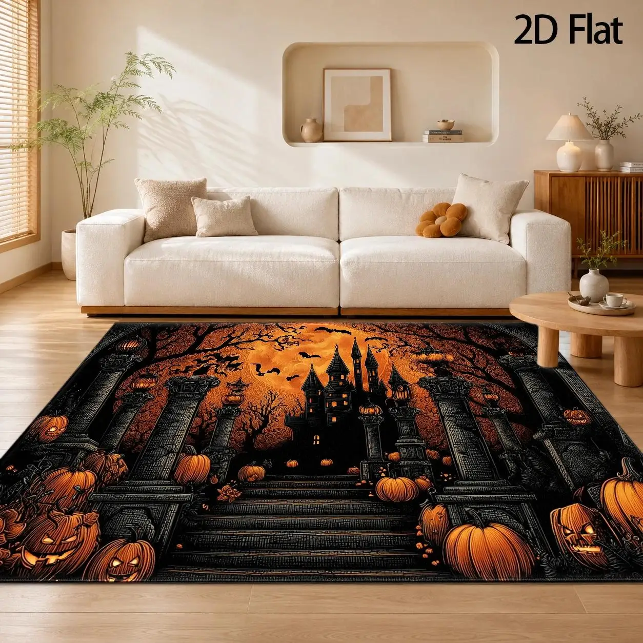 1pc 2D Flat Halloween Haunted Castle Pumpkin Bat Printed Floor Mat, Decorative Rug for Living Room, Bedroom, Home