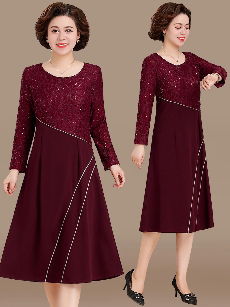 

Элегантное платье для гостей на свадьбу, осеннее, модное, с длинным рукавом, круглым вырезом, из полиэстера, миди, для женщин среднего и старшего возраста