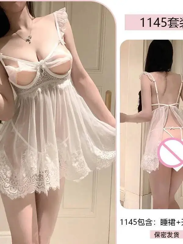 Sexy Pure Desire Lace Nightgown Steel Ring Gathering Mesh Lace Mini Dress Crotch Uniform Tempting Pajamas Dress Elegant 2025 9CM