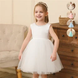 Ragazza del bambino Fiore Compleanno Tulle Abito di perle Abito da sposa con fiocco senza schienale Abiti da bambina con fiocco Abiti da festa per bambini Abito da principessa