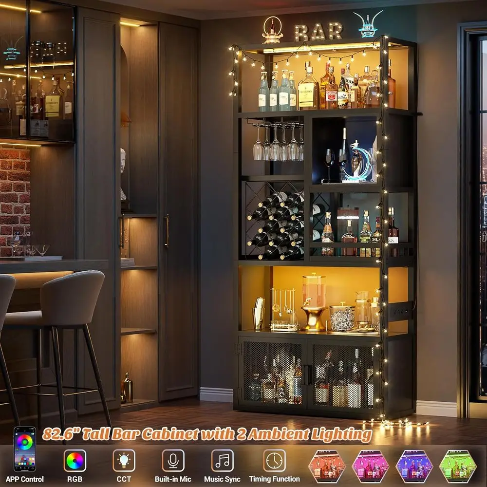 82.6" Tall Bar Cabinet with Power Outlets & LED Lights, Liquor Cabinet Bar or Home, Reversible Coee Station Wine Cabinet with Gl - view 4