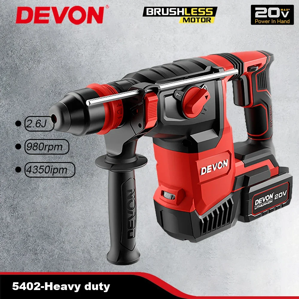 Devon Heavy Duty 5402 Wireless Rotary Hammer Brushless SDS Plus Chuck 20v Impact 2.6J 980rpm 4350ipm Universal Flex Battery