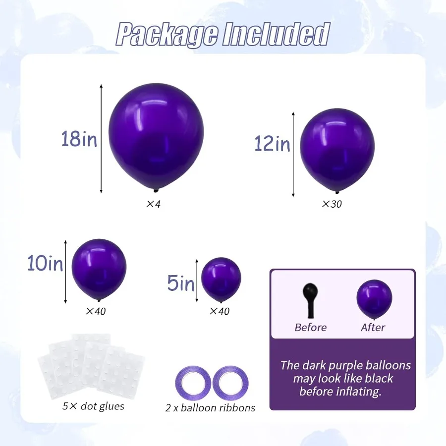 ลูกโป่งสีม่วงเข้ม 114 ชิ้น ขนาด 18, 12, 10 และ 5 นิ้ว แพ็คสำหรับตกแต่งงานปาร์ตี้วันเกิด ฮาโลวีน งานแต่งงาน สไตล์โบโฮ รุ่น L