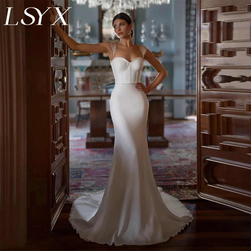 

LSYX Elegant Sweetheart Beaded Crepe Spaghetti Straps Mermaid Wedding Dress Button Back Court Train Bridal Gown Custom Made