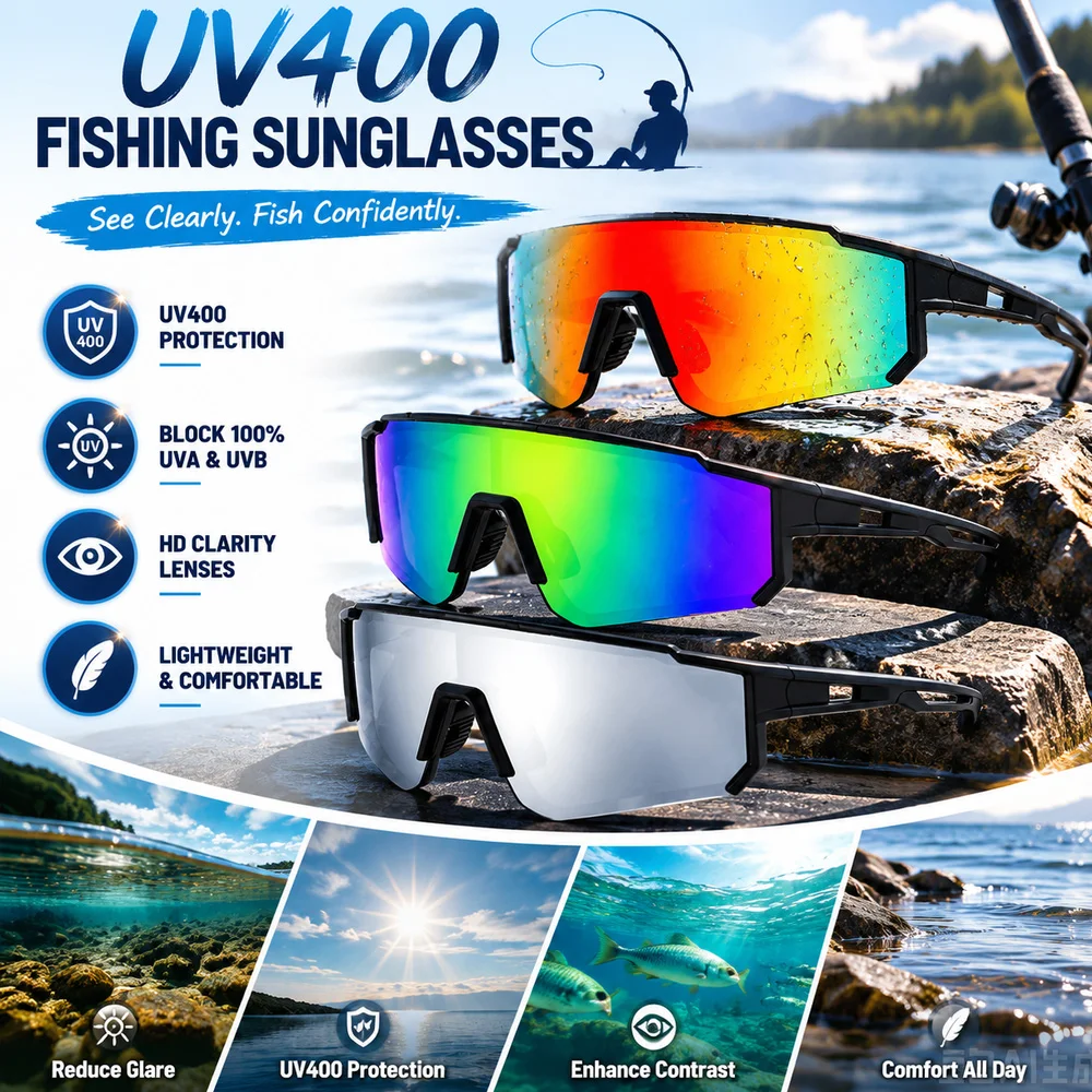 

VIKINGAR UV400 Protection Fishing Sunglasses Large Lens Anti Glare Outdoor Sports Sun Glasses for Men Angling Activities Eyewear