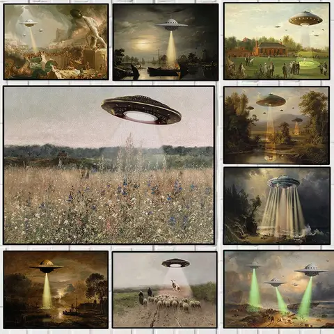 Pôster Vintage Surreal de Ficção Científica Engraçada, Paisagem Vitoriana com UFO e Alienígenas, Pintura em Tela para Decoração de Parede