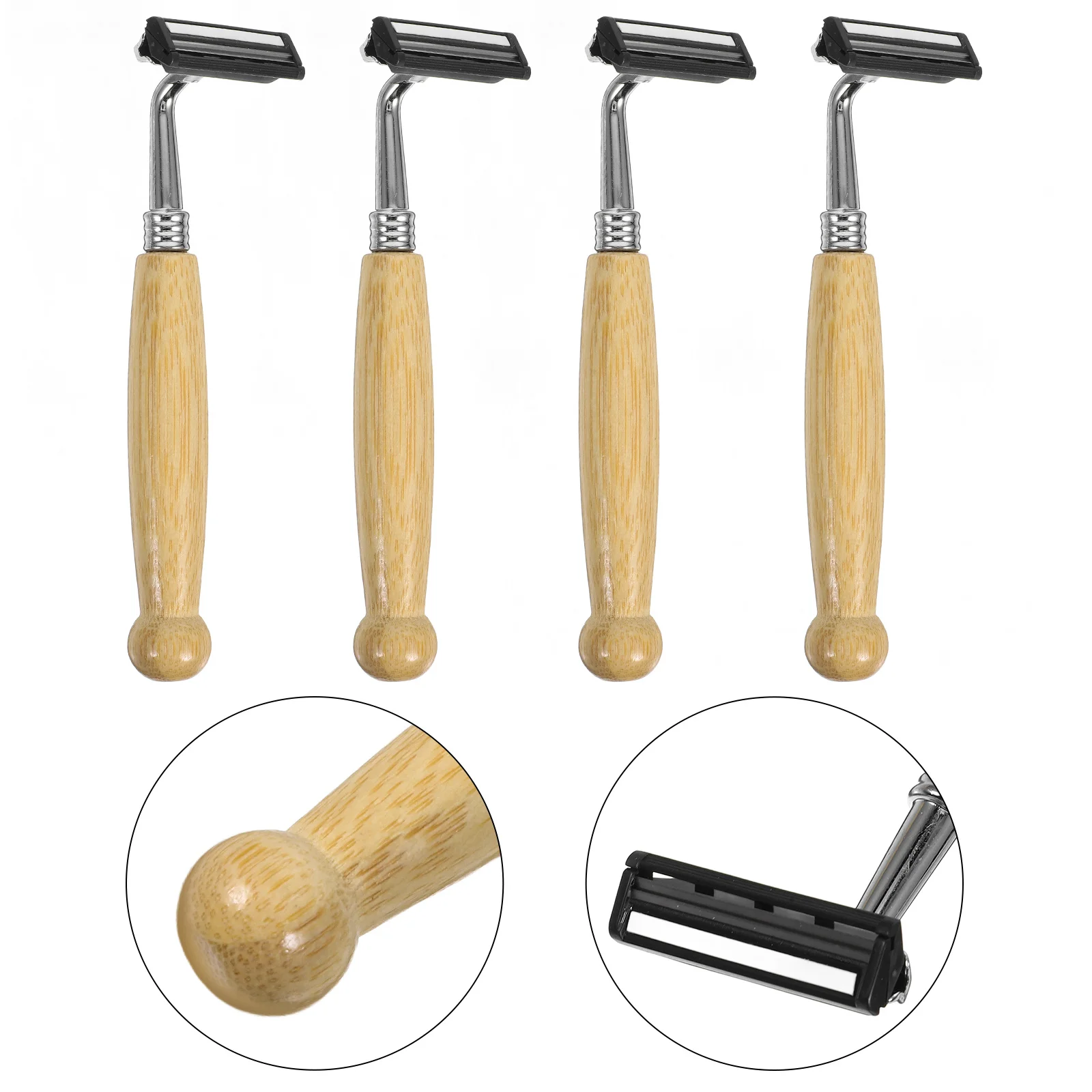 

4 pcs Bamboo Handle Razor Stainless Steel Beard Trimmer Shaving Disposable Blade Hair Clipper Manual Shaver Smooth Effect