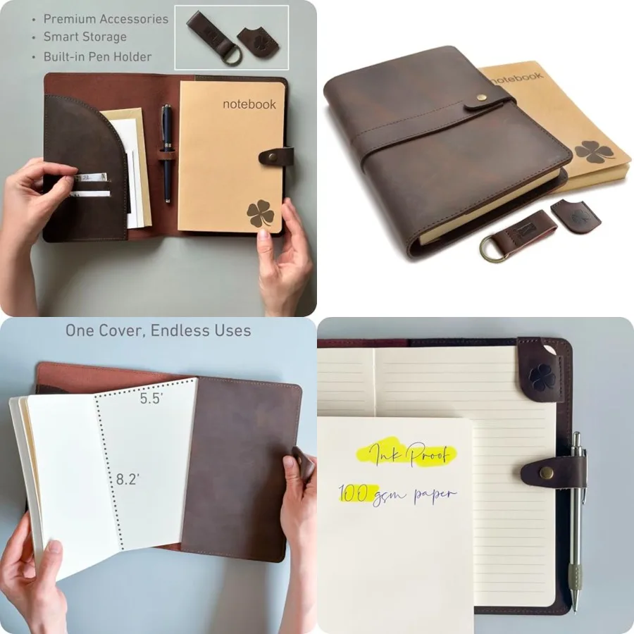 

Refillable Genuine Leather Journal for Women Men - 5x8 Notebook for Work, 200+200 Lay-Flat Pages Lined Blank - A5 Brown Vintage