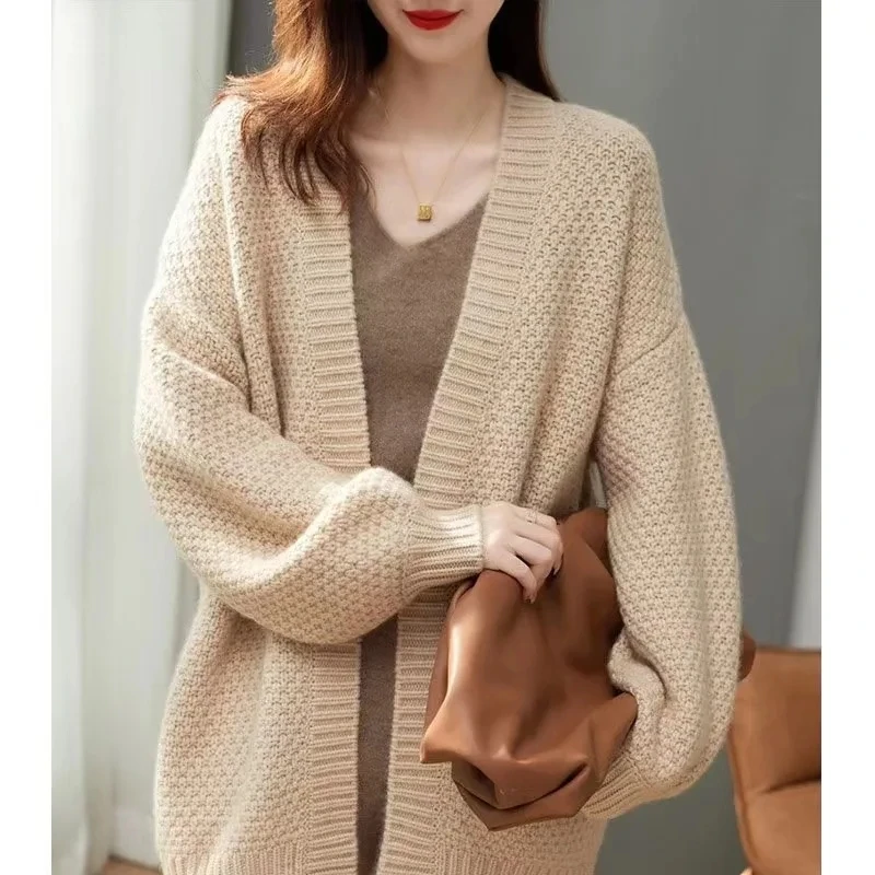 Women Autumn Winter Cardigans Sweater Casual Loose V-neck Long Sleeve Knitted Open Stitch Sweater Sweater Coat Solid Jacket