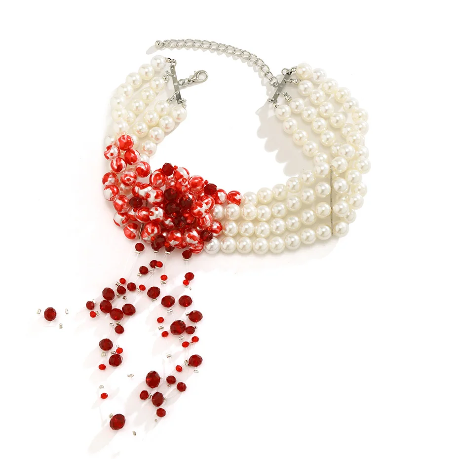 Goth Vintage Rote Blut Muster Imitation Perle Kette Halskette für Frauen Mi Braut Lange Quaste Perlen Anhänger Halloween Schmuck – Detail 6