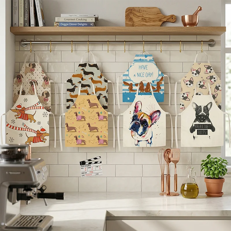 

French Bulldog Dachshund Print Kitchen Apron for Women Men Cute Dog Lover Gift Cooking Baking Sleeveless Bib Pinafore Workwear