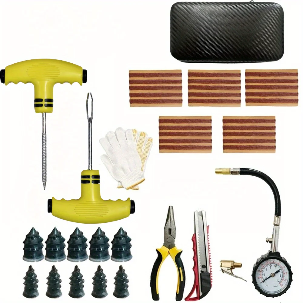 

Комплект для аварийного ремонта проколов шин для автомобиля/мотоцикла/велосипеда/фургона — резиновые полоски, винты, плоскогубцы, калибр и чехол