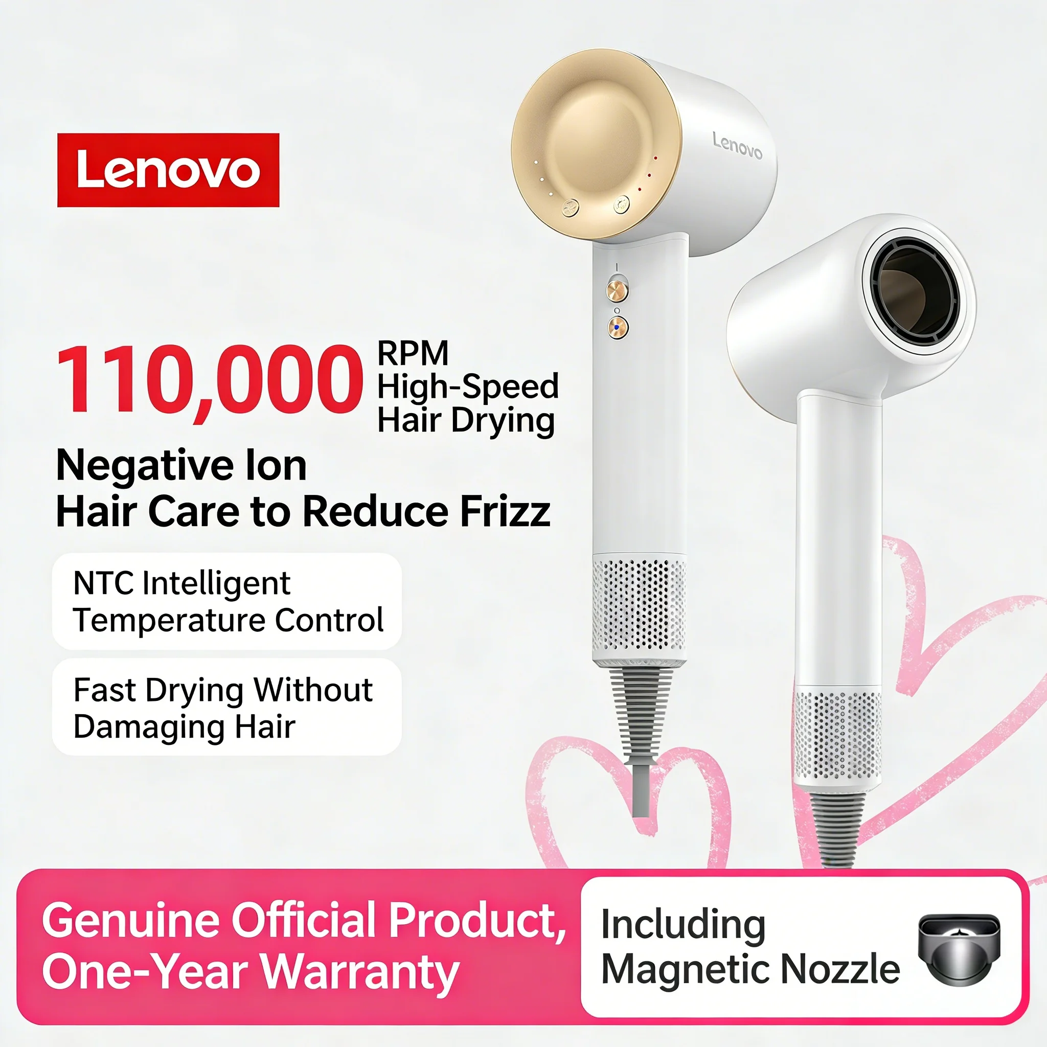 Lenovo Y1S high-speed hair dryer, constant temperature, overheat protection, negative ion hair care, professional dry hair, 220V