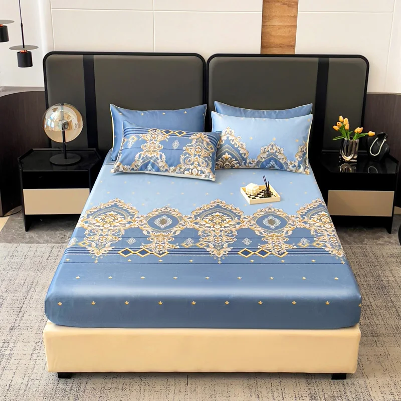 European-Style Printed Summer Ice Silk Fitted Sheet Cooling Refreshing Cover Sheet Cold Sheets For Heat Sheet With Elastic Band