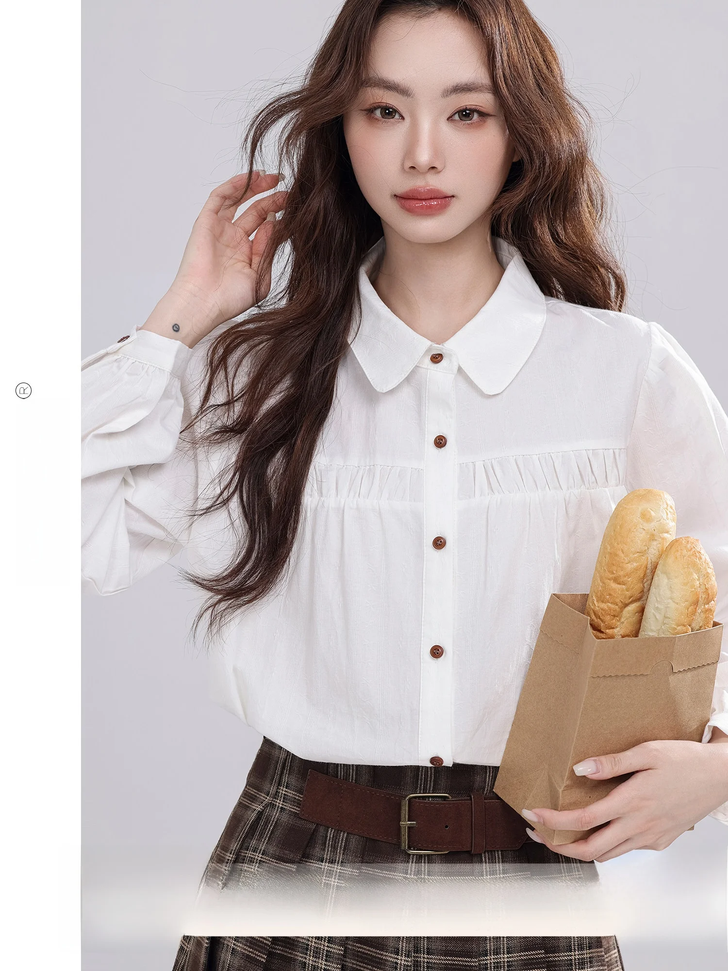 

Delores Moonlight Women's Long Sve White irt Faionable Inner Wear Top Straight Cut French Sle Cotton Pure Color