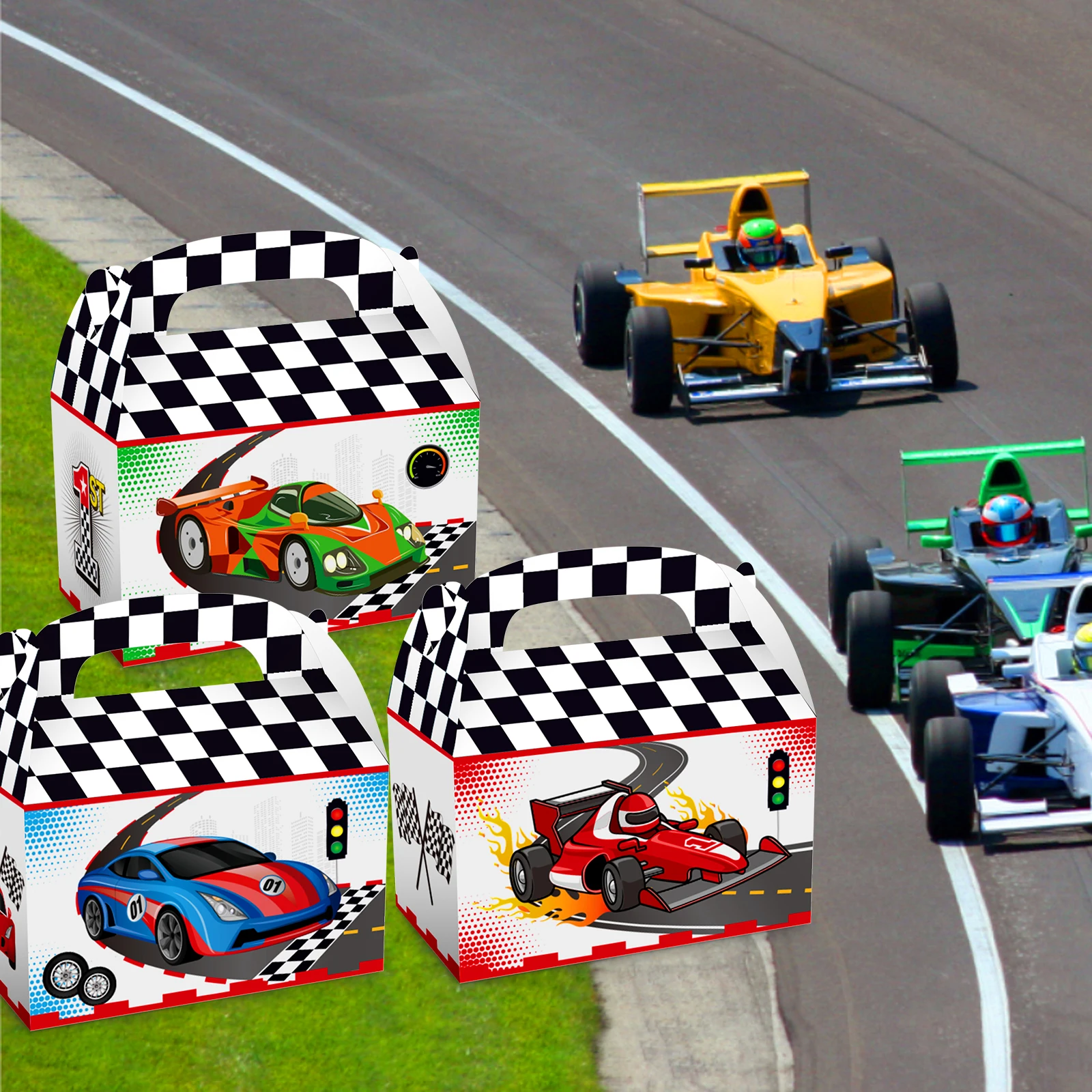 DD169 4Pcs Racer Cosplay Lattice Car Racing Game Race Birthday Party Paper Portable Packing Gift Boxes Baby Shower Party Decors