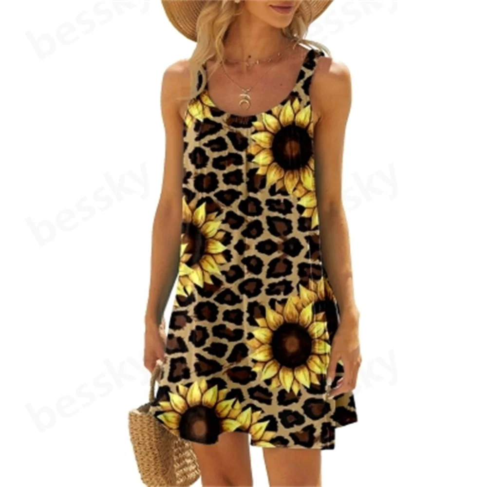 Women's Summer Leisure Fashion Sleeveless round Neck Sunflower Gradient Print Dress Beach Holiday Dress