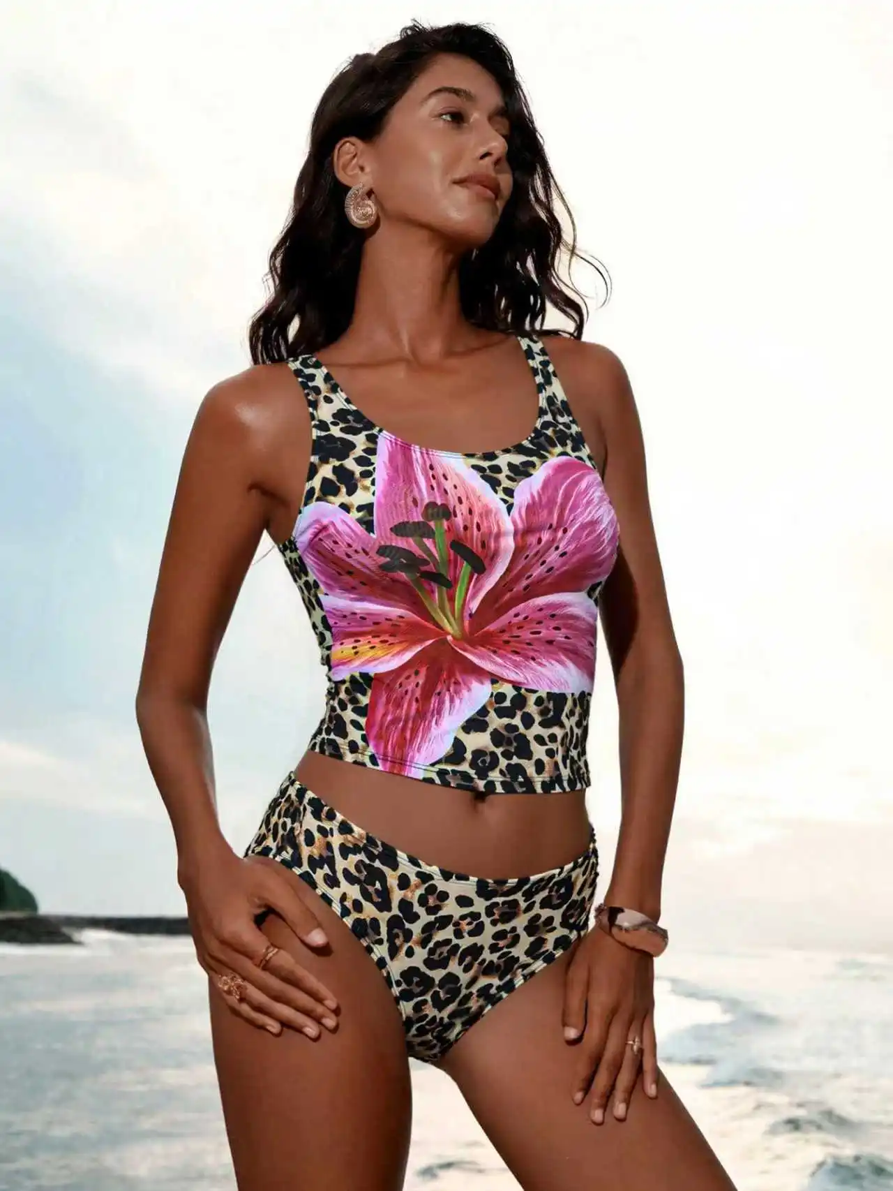 

2026 Women's Leopard Print Two Piece Vest Swimsuit Plunge U-Neck Tummy Control Bathing Suit Swimwear Summer Beachwear Holiday