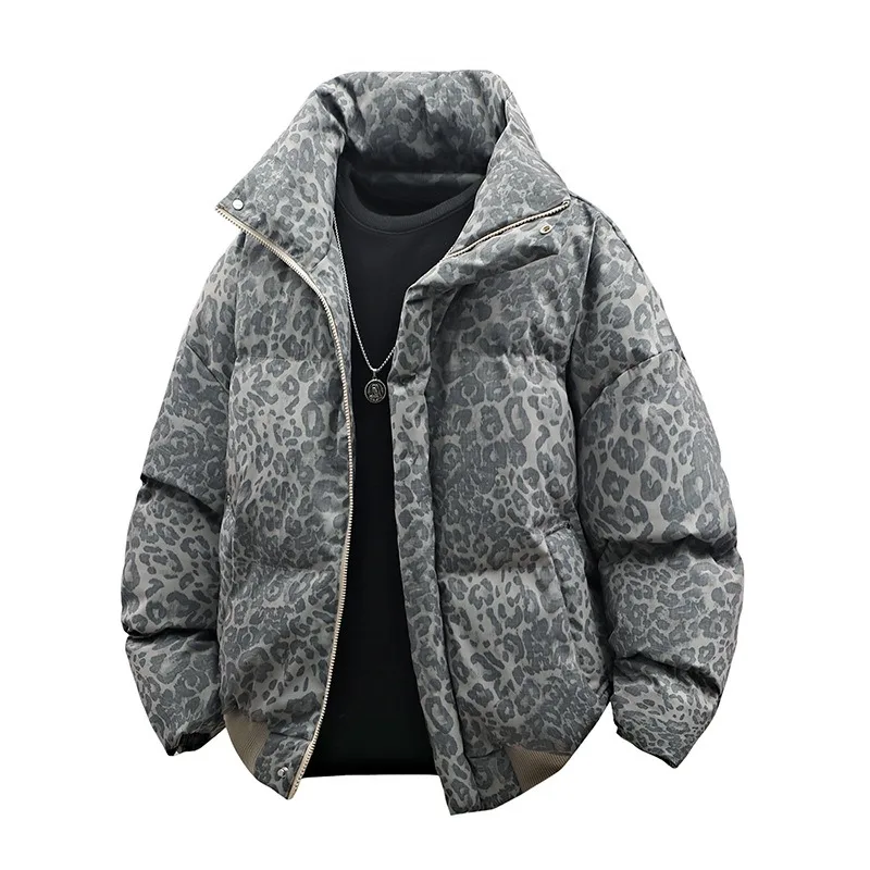 KIDWHXR Man Thicken Coat Winter Leopard Print Stand Collar Male Short Parkas Streetwear Long Sleeve Zipper Men Casual Coat