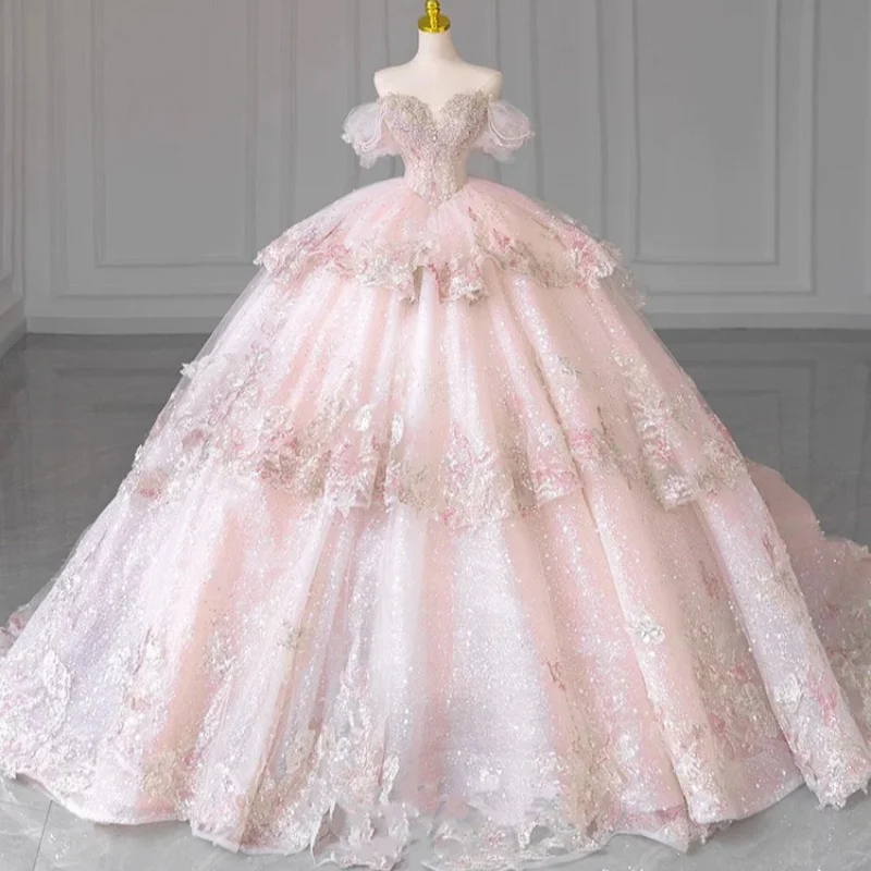 

Customized Shiny sky blue Quinceanera Dresses Off the Shoulder applique flower Lace layering Long tail Vestido 15 Quinceanera