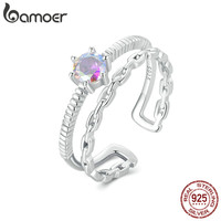 Bamoer 925 Sterling Silver Iridescent Double-Layer Ring, Adjustable Chain Ring Fashion Jewelry for Women Chic Jewelry Gift